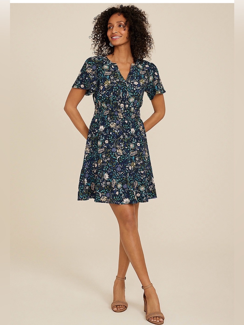 Maurices Navy Floral V-Neck Tiered Midi Dress
